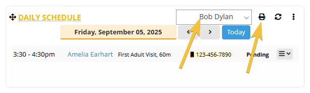 How do I print a practitioner's daily schedule from an admin account - shows the daily scheduled dashboard card with arrows pointing to the practitioner drop-down selector and the print icon. 